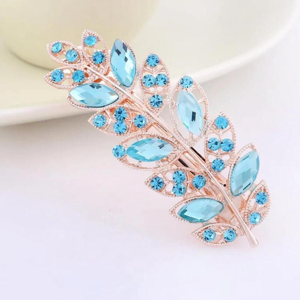Rhinestone Leaf Hair Clip In Light Blue